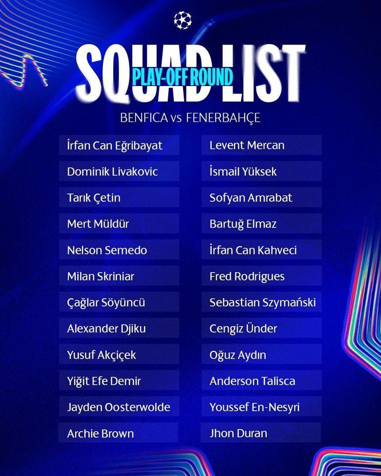 Fenerbahçenin Benfica maçı kadrosu açıklandı