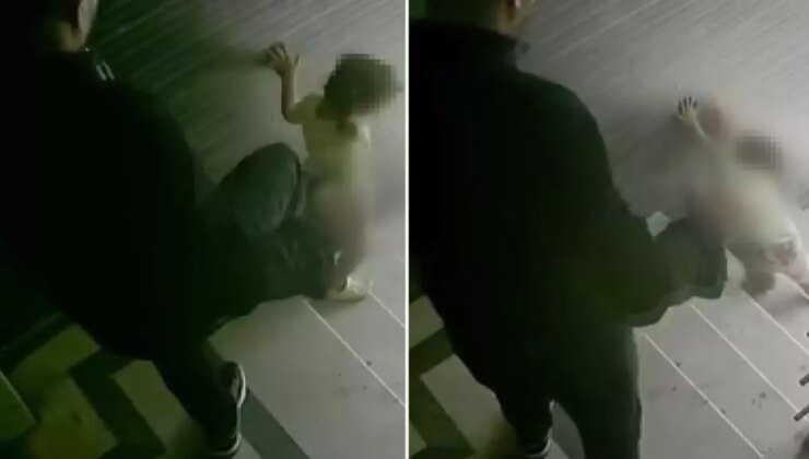 Öz evladına merdivenlerde tekme atan sözde baba gözaltına alındı