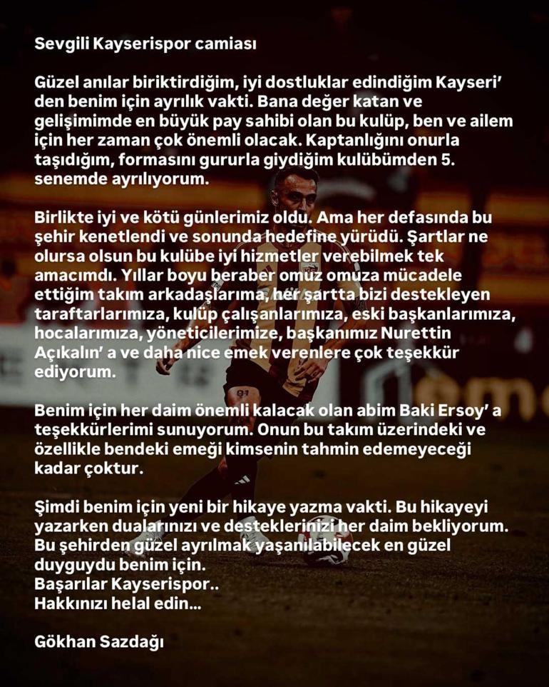 Gökhan Sazdağı Kayserispora veda etti Transfer bugün açıklanacak